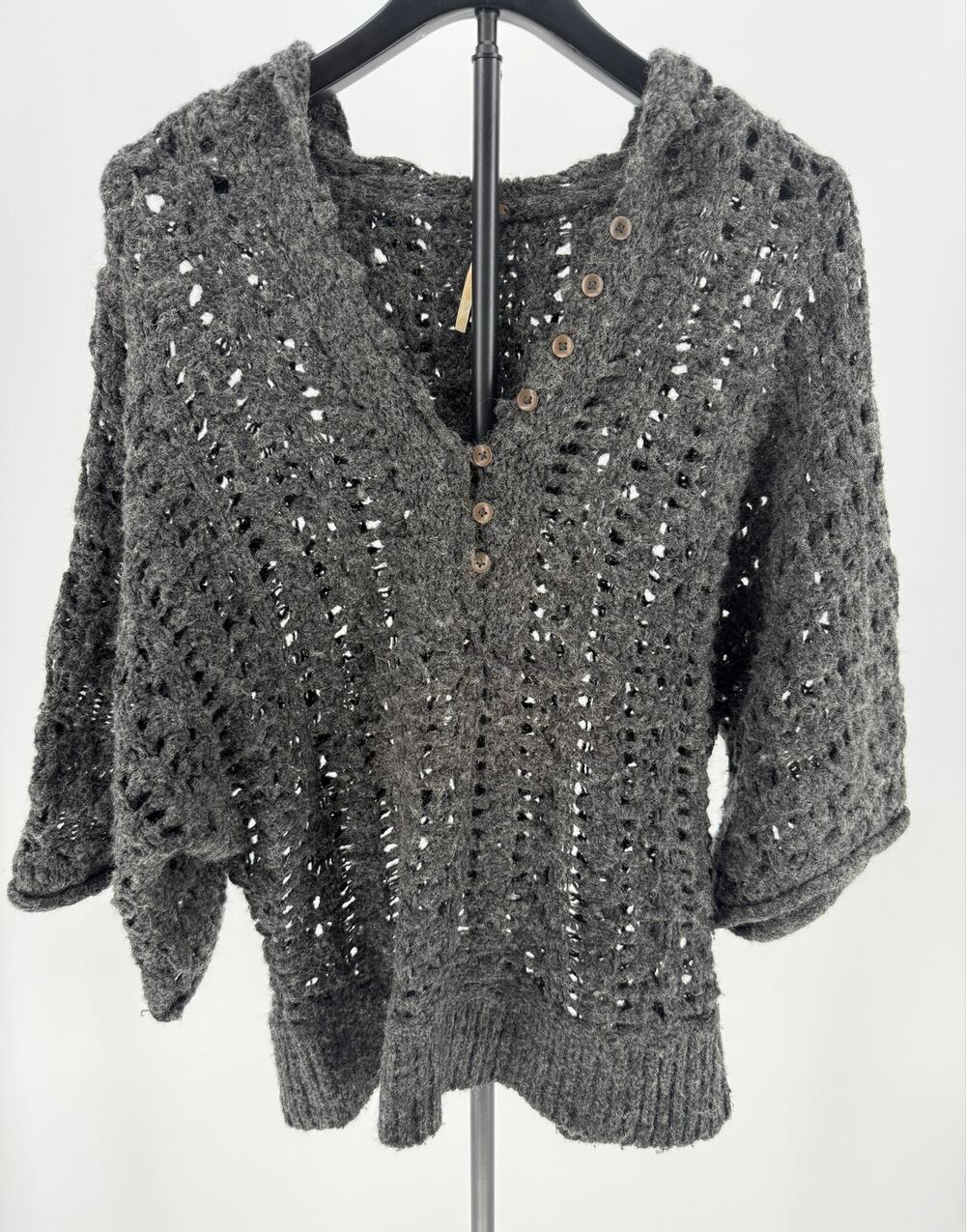 Free People Womens Gray Crochet Hooded Sweater Wool Blend Boho Button Pullover